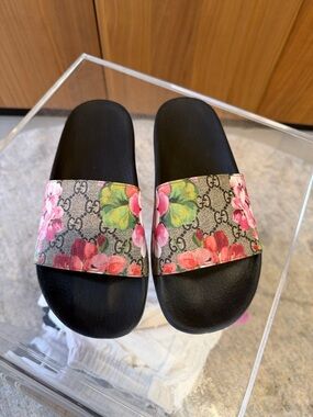 Gucci Floral Monogram Slide Sandals in Black with Pink and Green Accents